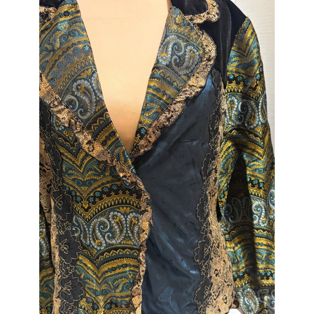 Coldwater Creek Paisley Blazer PM Boho Velvet Lace Teal Gold Romantic Jacket VTG - Picture 3 of 9